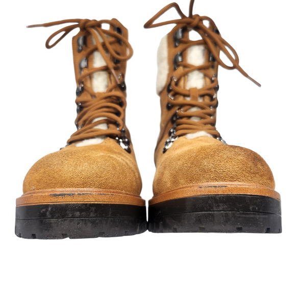 Marc Fisher Boots 9 Brown Leather Suede Combat Faux Shearling Fur Mid Calf Lace - Picture 3 of 12